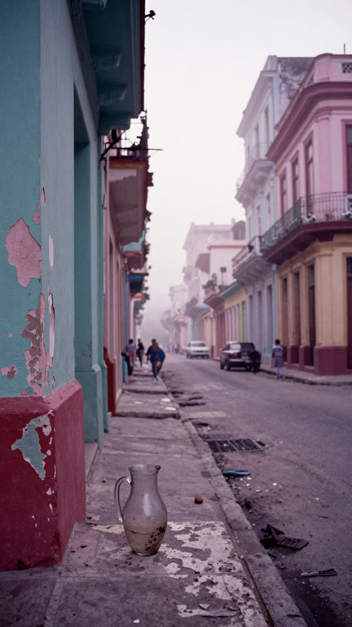Misty Havana Dawn Street Scene with Peeling Paint and Laundry in in Havana, Cuba