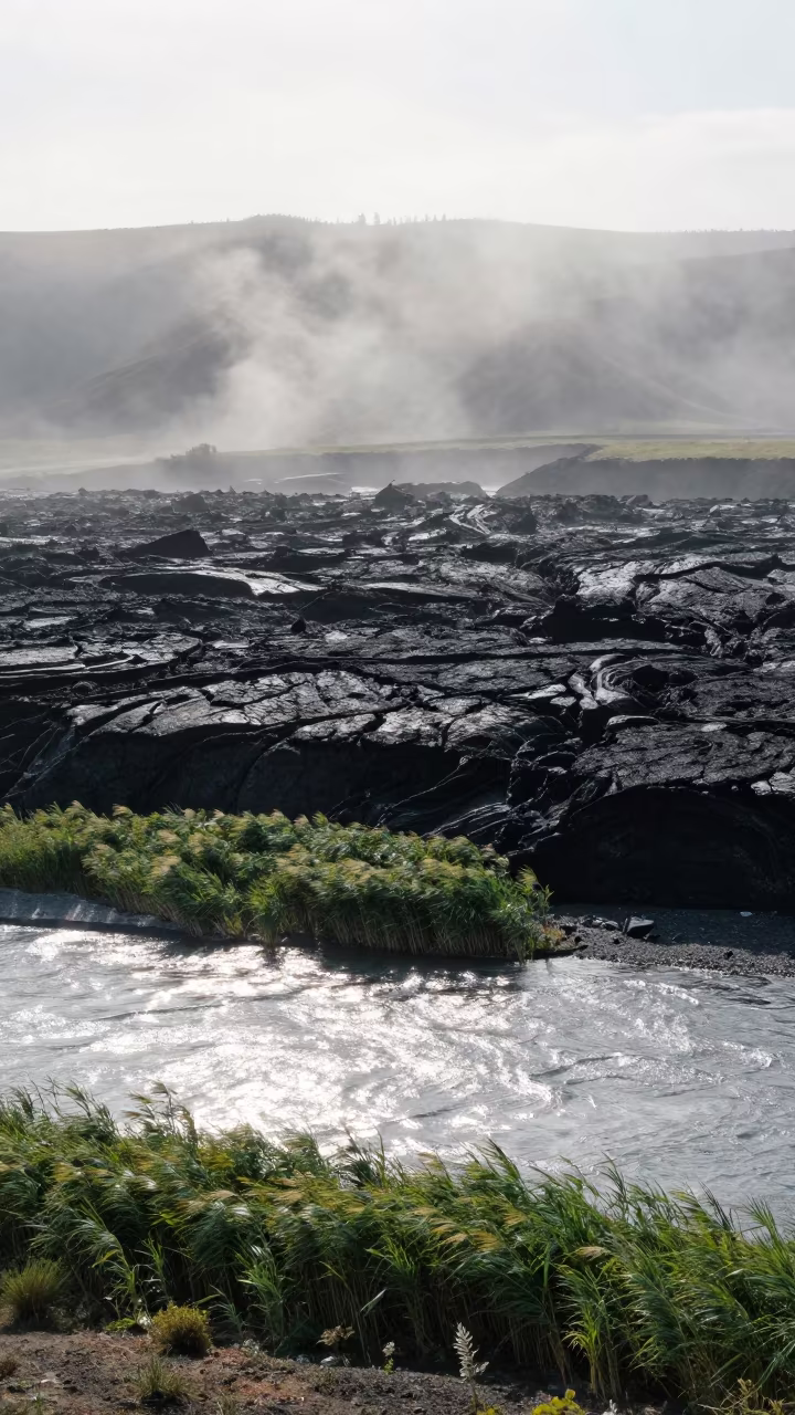 Misty Lava Plain and Silver Estuary Almaty in from a ridge above layered foothills near Almaty