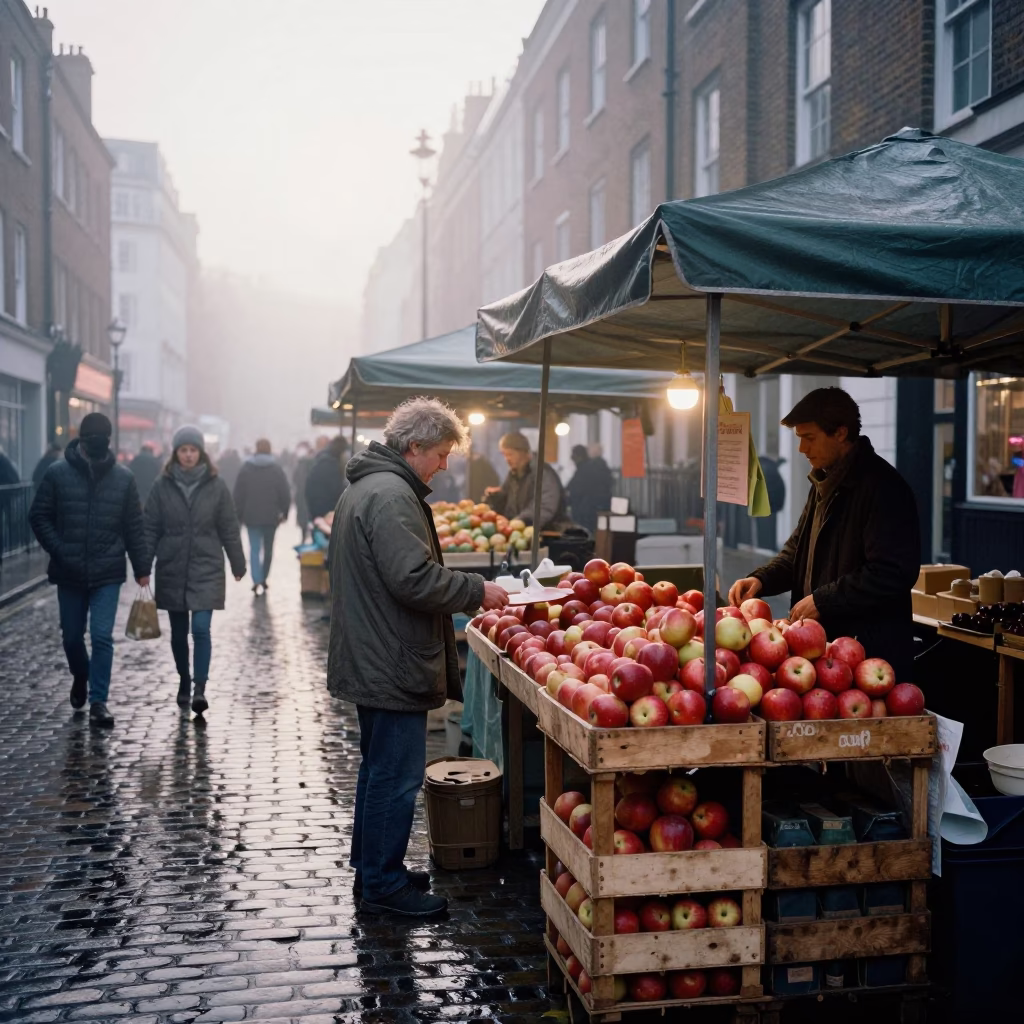Misty London Dawn Street Corner Busy Market Stall With Fruit And Bottle in in London, United Kingdom