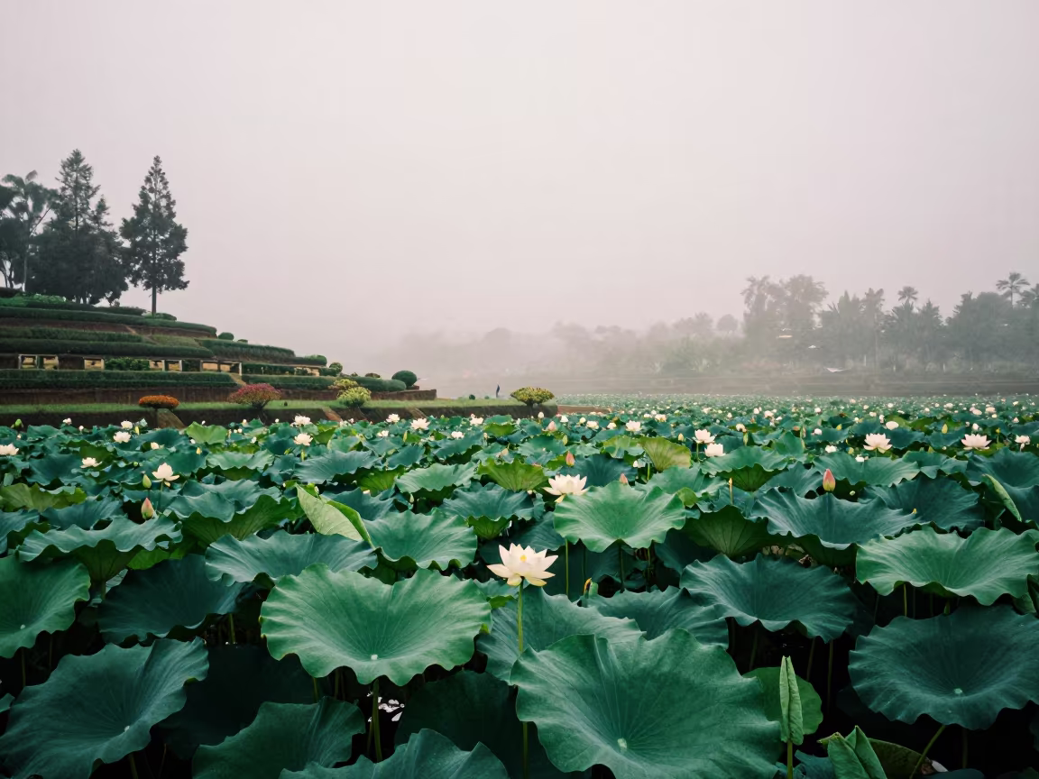 Misty Lotus Pond Dawn Kigali Terraced Garden in among terraced garden plots near Kigali