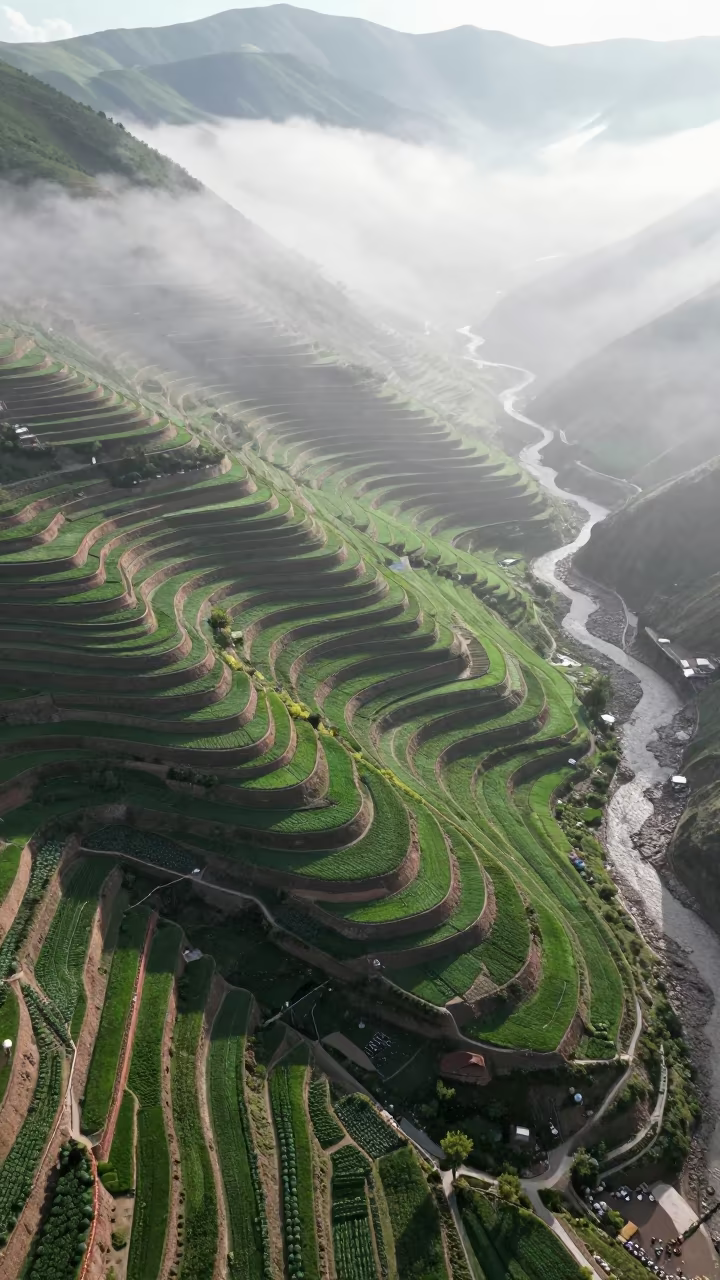 Misty Mountain Terraces Above Braided River Lhasa in high above braided river channels near Barkhor, Lhasa