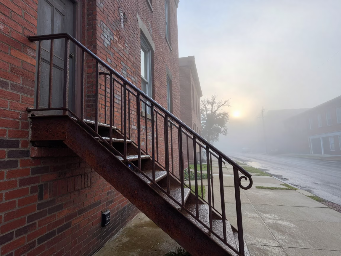 Misty Nashville Dawn Street Scene with Rustic Stair Rail and Flour Dust in in Nashville, Tennessee, United States