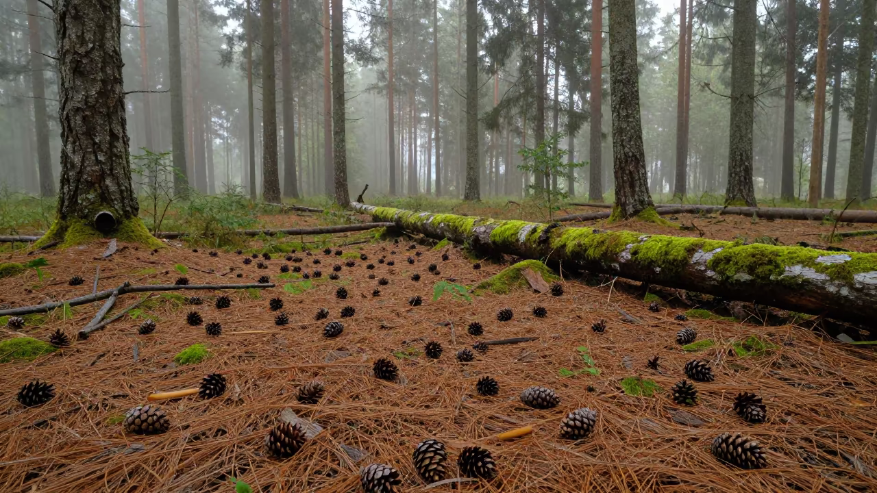 Misty Pine Forest Floor After Rain in Poland in in Poland