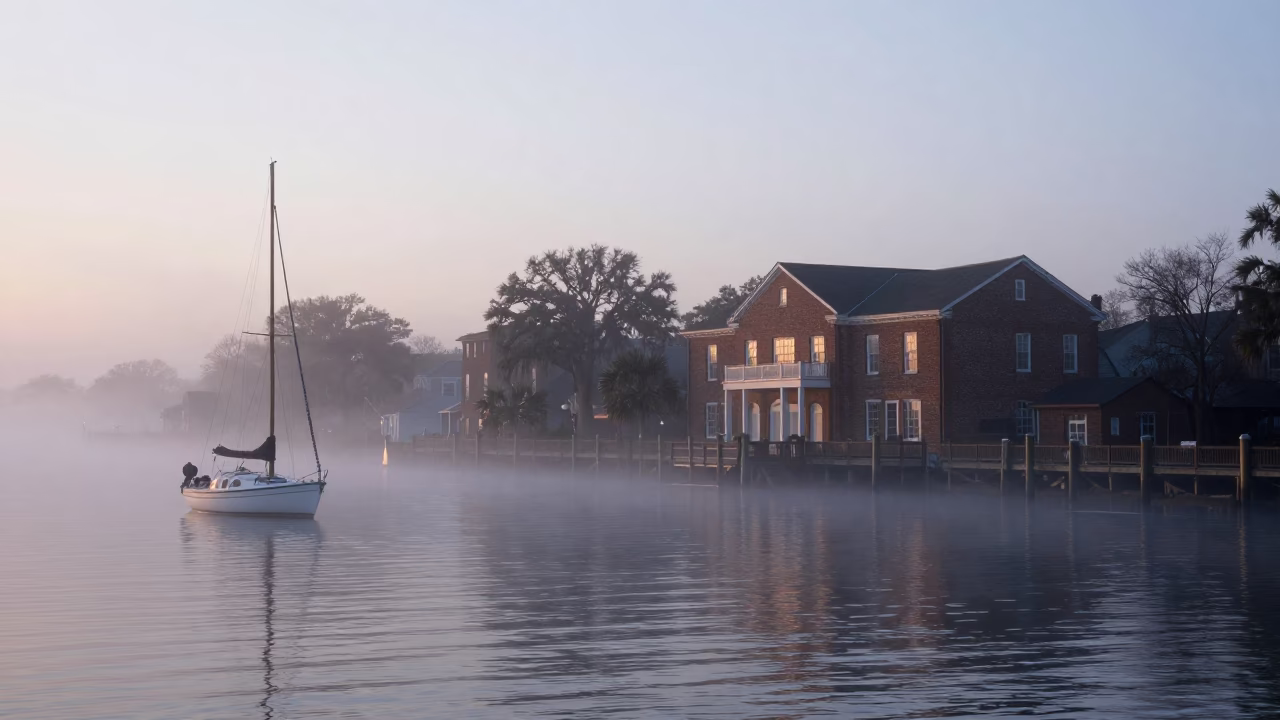 Misty Pre-Dawn Charleston Harbor with Sailboat and Historic Brick Architecture in in Charleston, South Carolina, United States