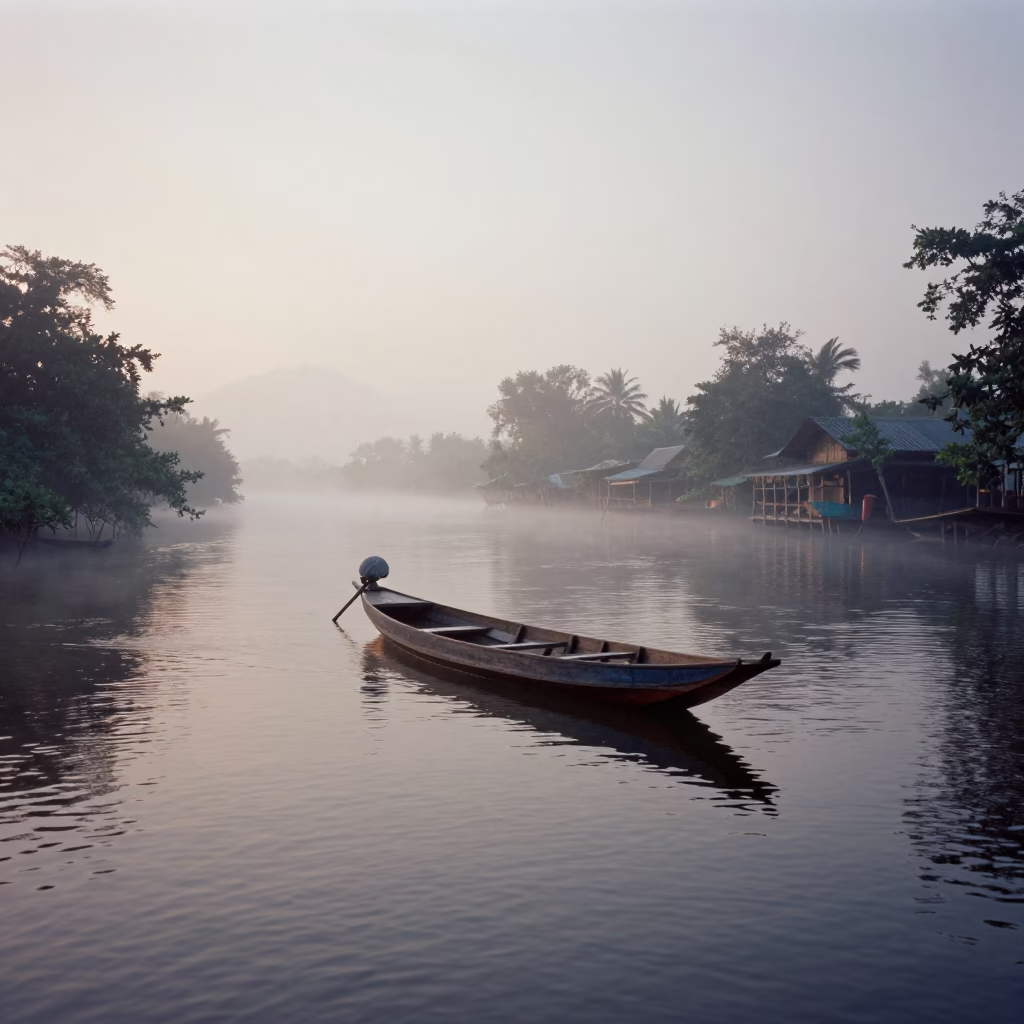 Misty Pre-Dawn River Scene with Traditional Sampan Boat in Phuket Thailand in in Phuket, Thailand