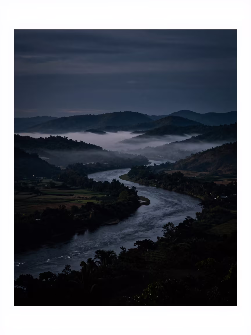 Misty River Night Floodplain Trinidad in from a ridge above layered foothills in Trinidad and Tobago