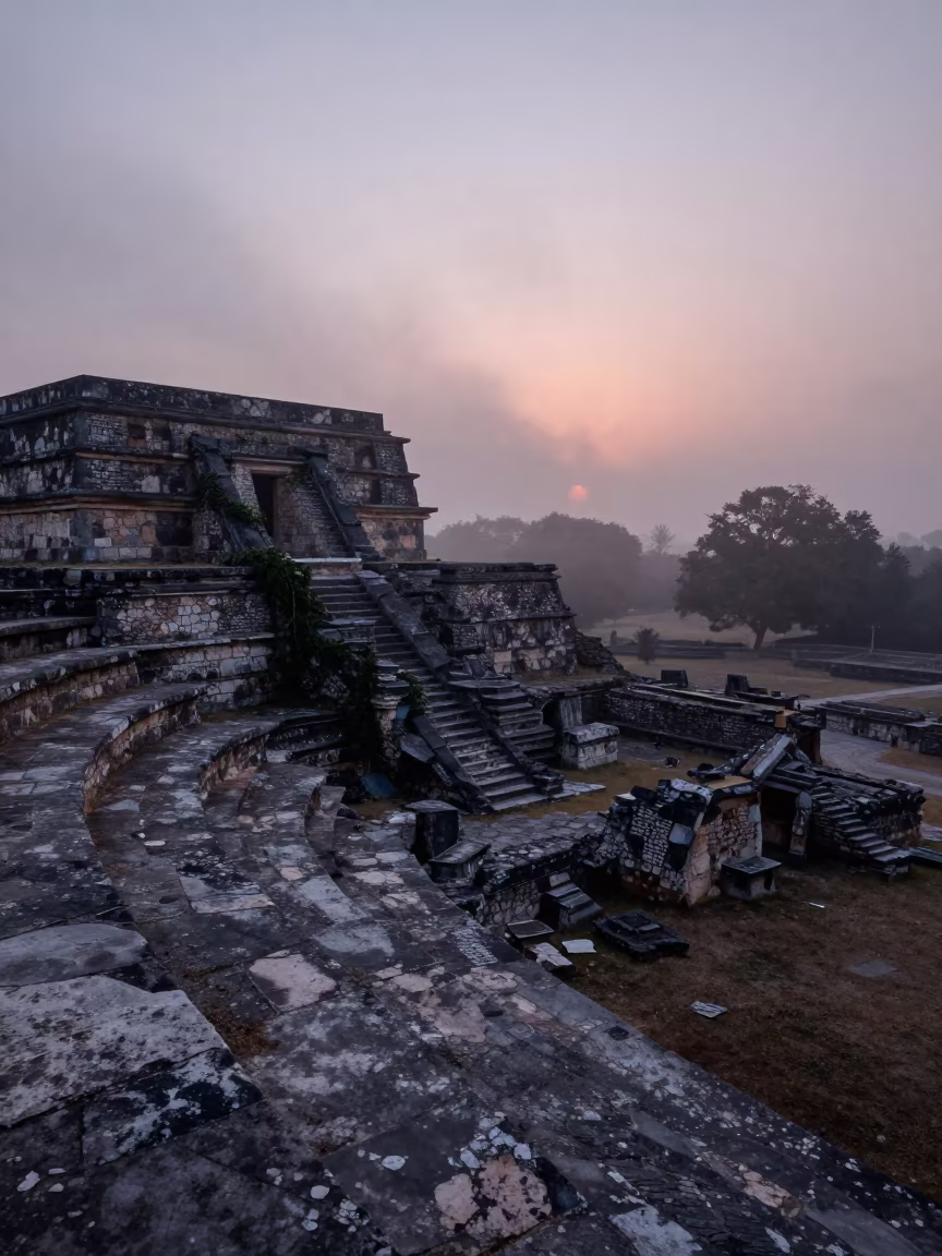 Misty Ruins of Stone Amphitheater at Dusk in among collapsed cloisters in Mexico