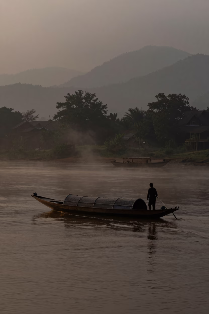 Misty Sampan Drifting on Mekong River During Predawn Hours in Luang Prabang Laos in in Luang Prabang, Laos