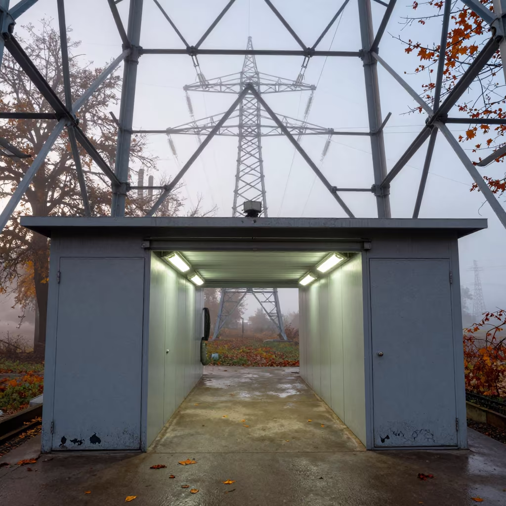 Misty Service Tunnel Rustavi Autumn in beneath transmission towers in Rustavi