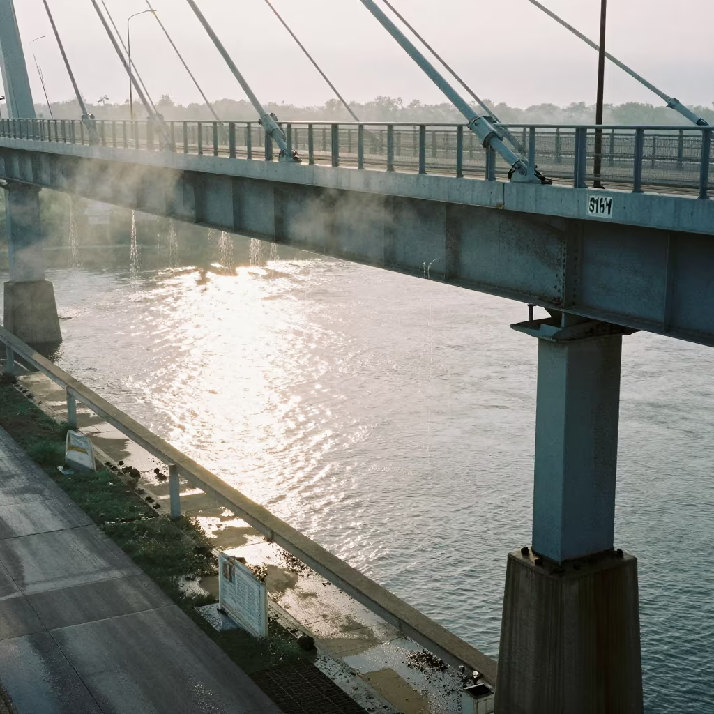 Misty Signal Gantry Under Minnesota Bridge Span in under a cable-stayed bridge span in Minnesota