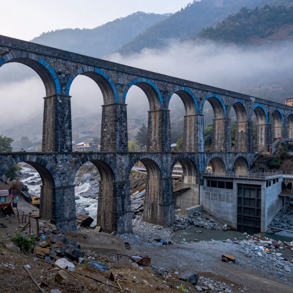 Misty Stone Aqueduct Over Dry River Valley in at a canal lock chamber near Manali