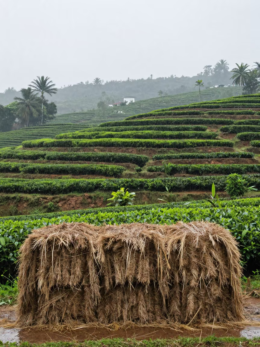 Misty Terraced Tea Fields Near Cartagena in beside stacked hay bales near Cartagena
