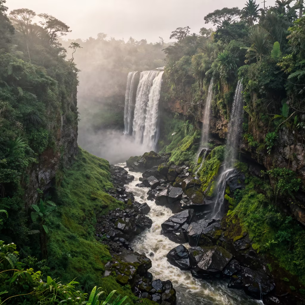 Misty Tiered Waterfall in Brazilian Jungle Ravine in in Brazil