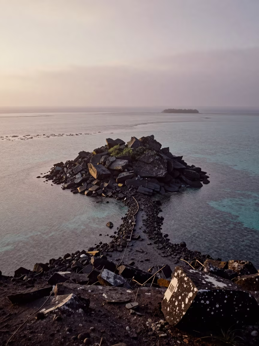 Misty Tombolo at Sunrise in Great Barrier Reef in across a wide valley floor in the Great Barrier Reef