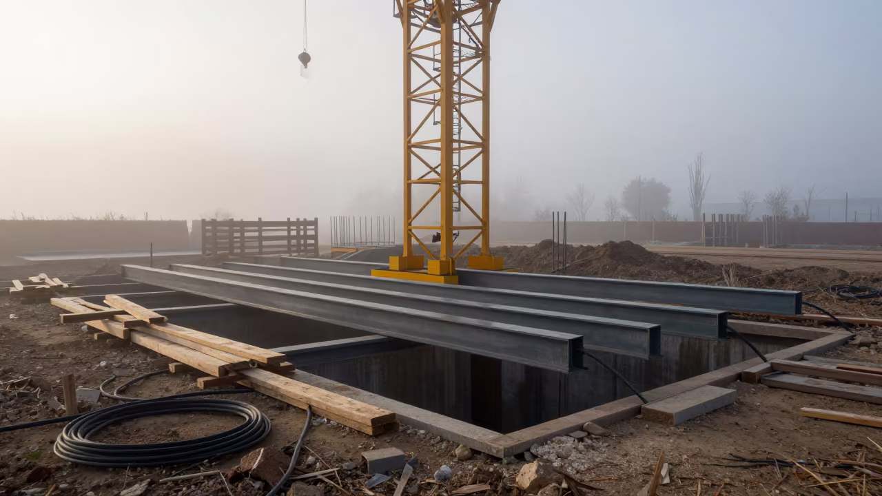 Misty Utility Trench Shoring Before Sunrise in beneath a tower crane on open ground in Umbria