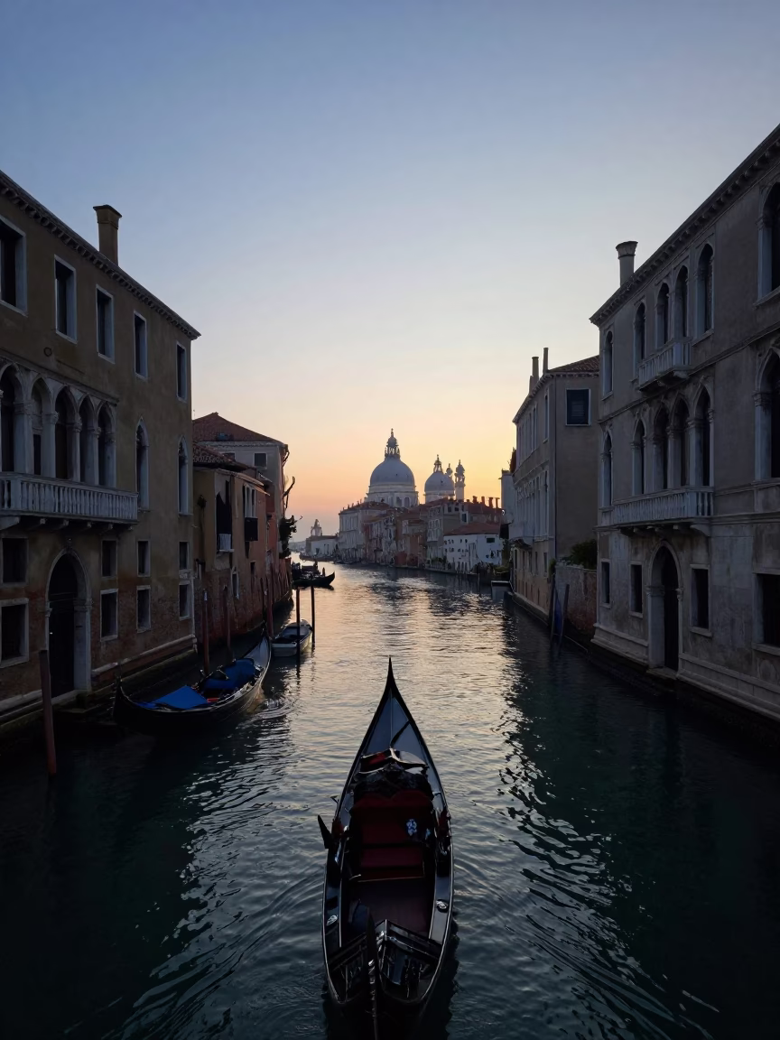 Misty Venice Canal Before Sunrise with Moored Gondola and Wet Cobblestones in in Venice, Italy