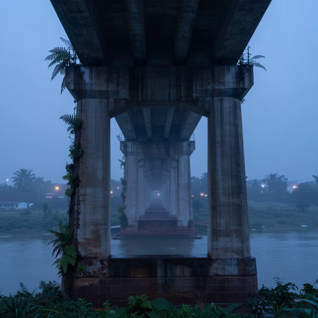 Misty Viaduct Arch Dripping Ferns at Twilight in beside a bridge pier above moving water in Telangana