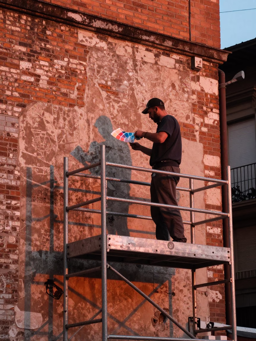 Mixing Paint at Copper-toned Light Before Dusk in Bilbao in in Bilbao, Spain