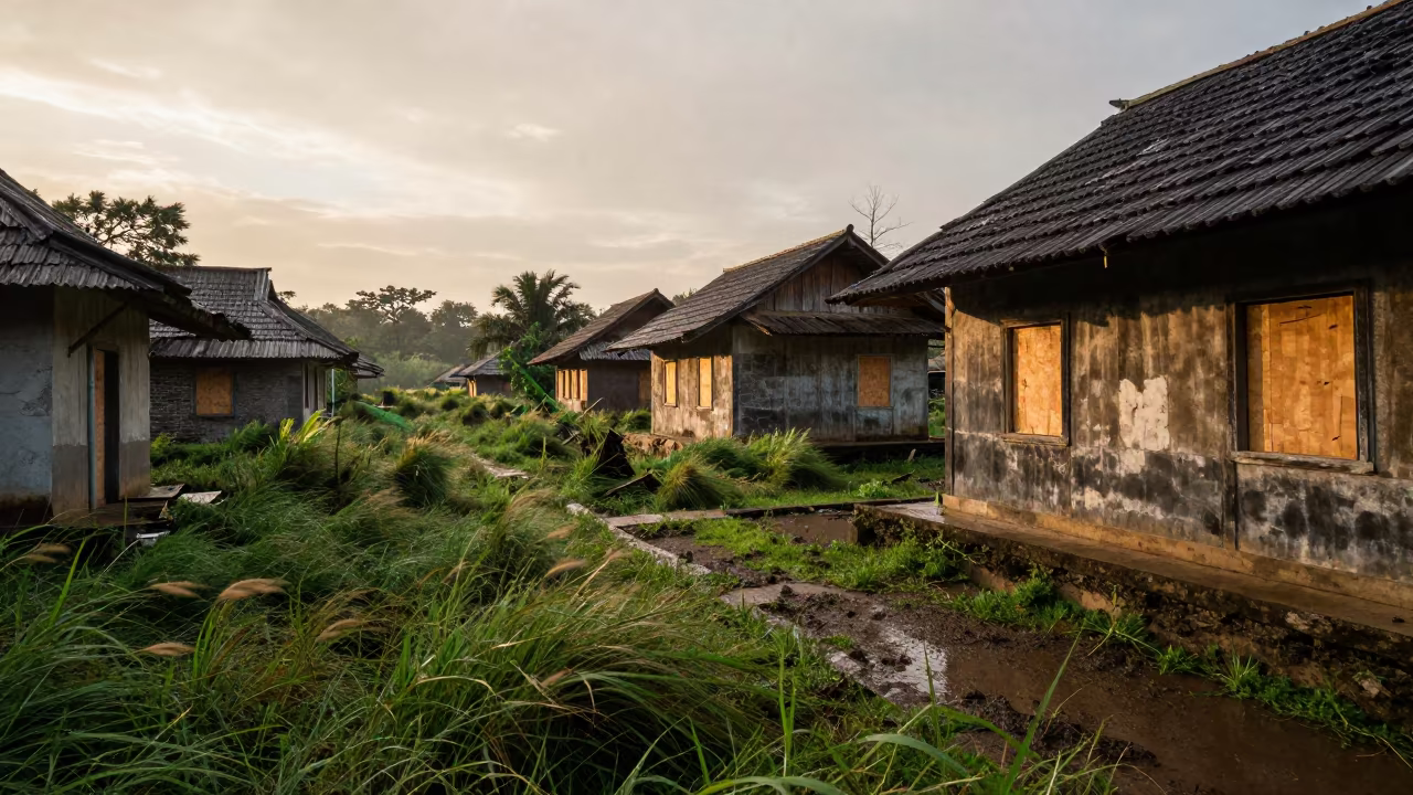 Mizoram Terraced Ruins Golden Hour Rain in through a courtyard reclaimed by grasses in Mizoram