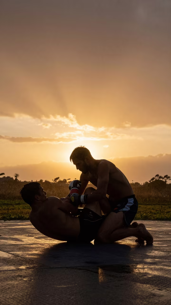 Silhouette of MMA Rear Naked Choke at Golden Hour in in Murino