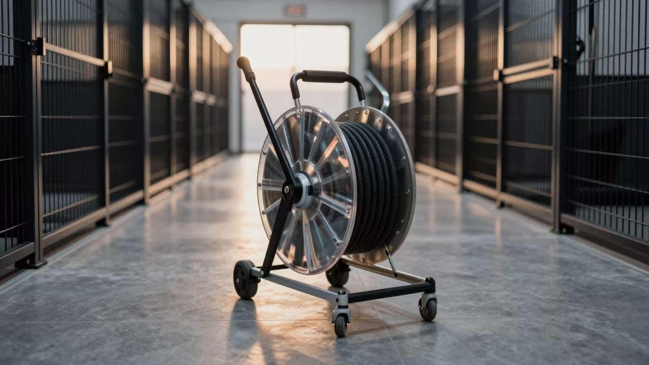 Mobile Groomer Generator Cord Reel in Lilongwe Kennel in in a boarding kennel corridor in Lilongwe