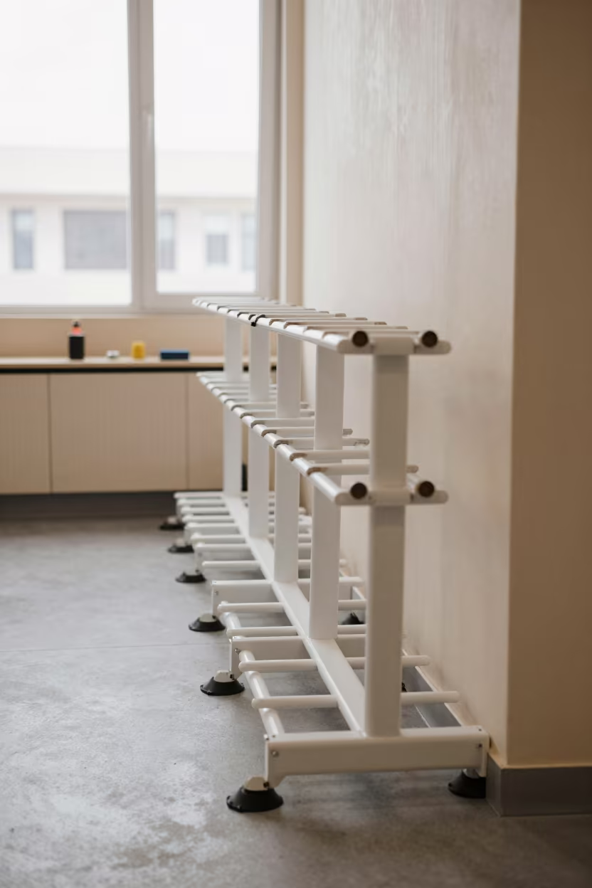 Mobility Dowel Rack in Mecca Climbing Gym in inside a climbing gym warmup zone in Mecca