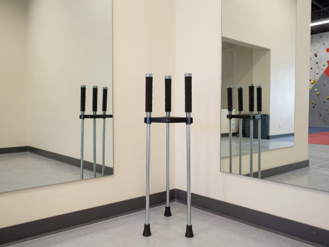 Mobility Stick Rack in Climbing Gym Warmup Zone in inside a climbing gym warmup zone in Boyle Heights, Los Angeles