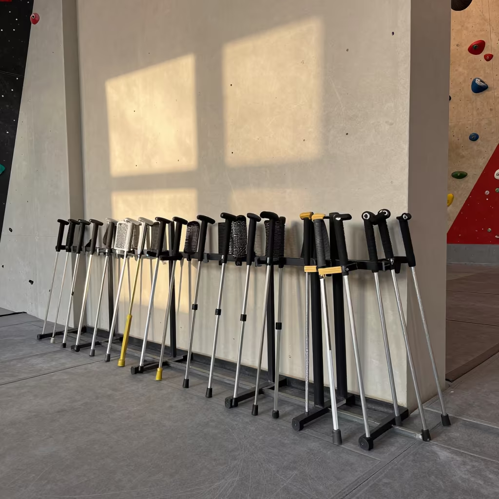 Mobility Stick Rack in Shoreditch Gym in inside a climbing gym warmup zone in Shoreditch, London