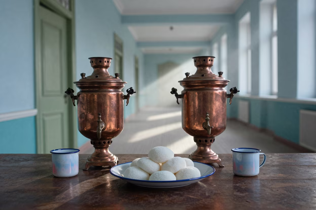 Mochi and Copper Samovar in Karaganda Morning in on a ceramic plate by a window in Karaganda