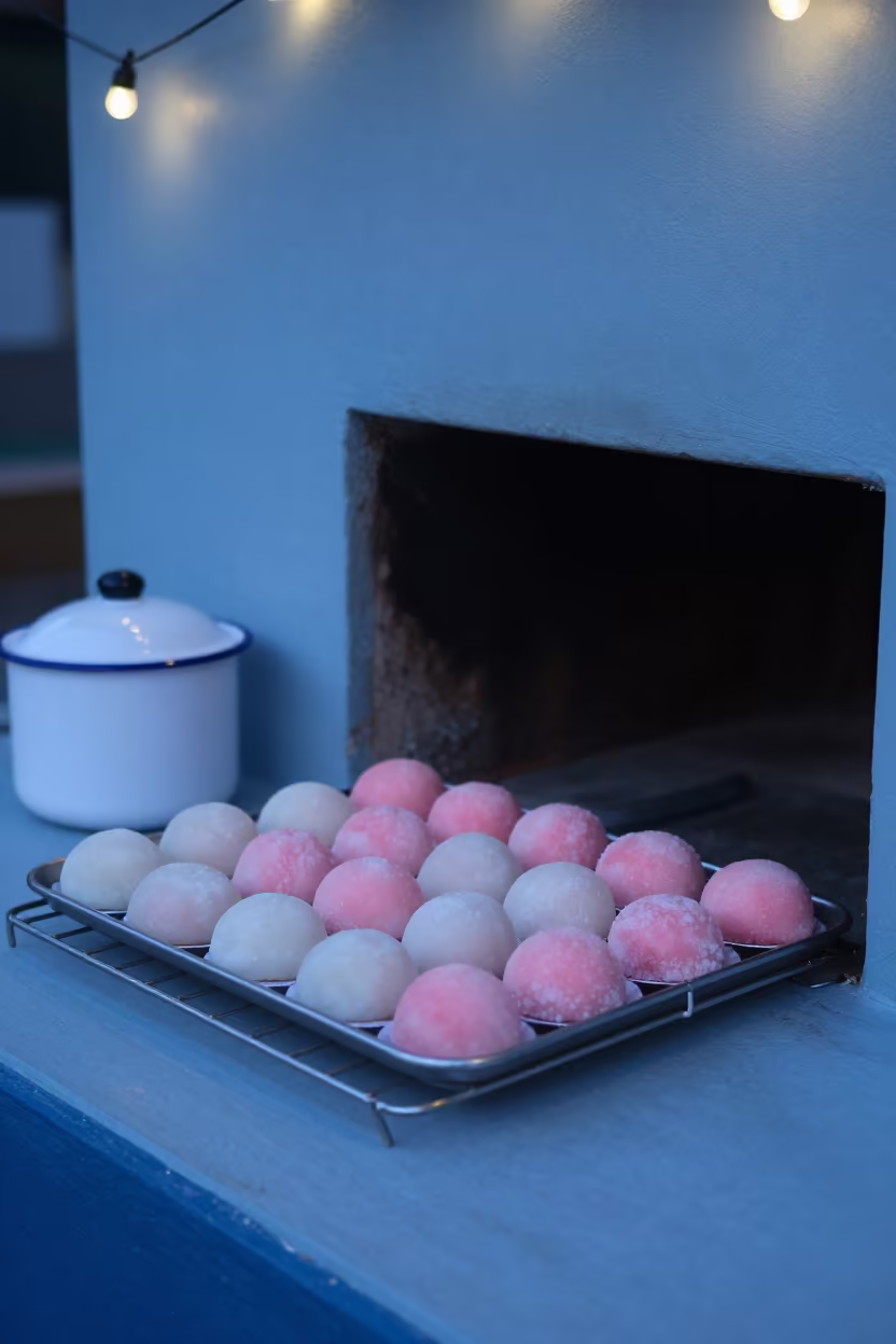 Mochi Tray on Bakery Cooling Rack at Twilight in on a bakery cooling rack in Kanchipuram