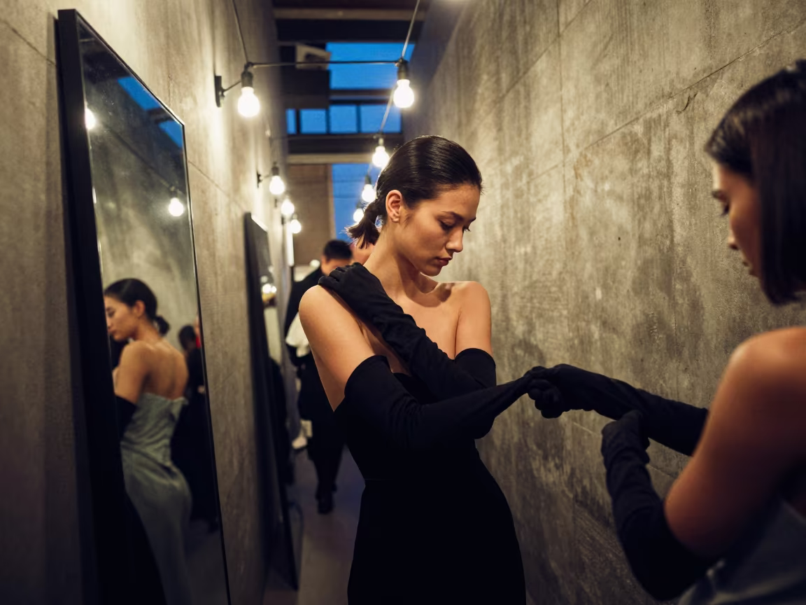 Model Adjusting Gloves Under Backstage Bulbs in in a backstage changing corridor near Worcester