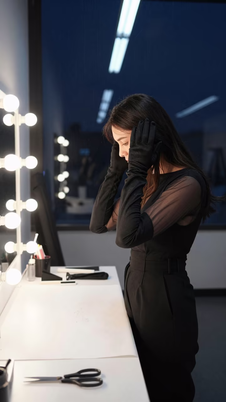 Model Adjusting Gloves Under Bulbs in Genoa in at a tailoring table strewn with chalk and shears in Genoa