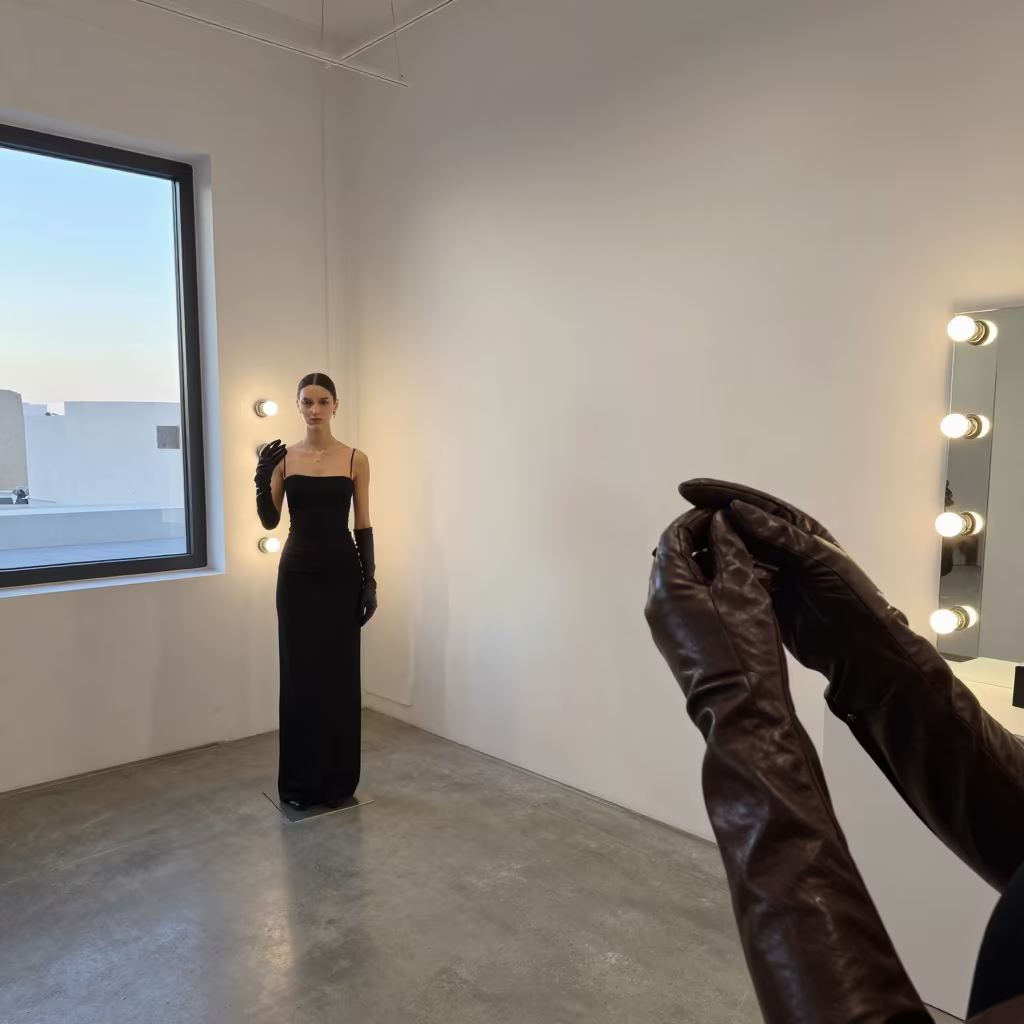 Model Adjusts Gloves in Dawn Light in inside a minimalist showroom in Sharm el-Sheikh