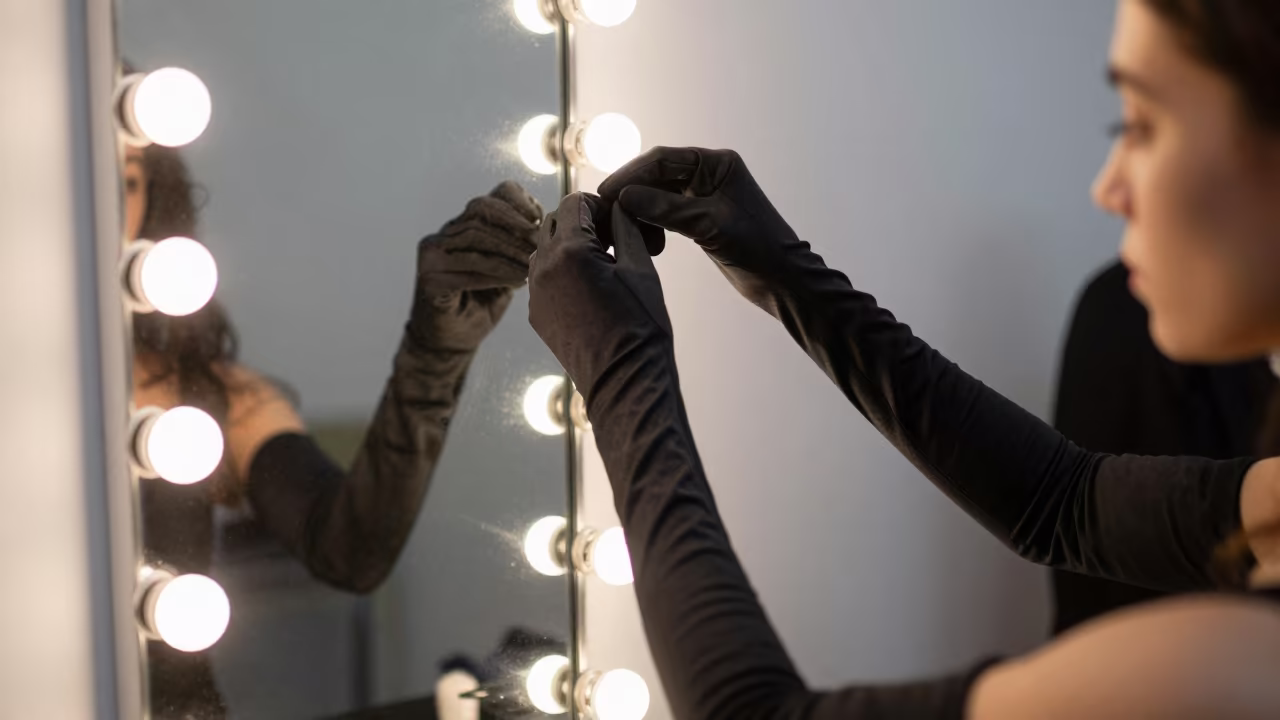 Model Adjusts Gloves Under Bulbs in Durán Corridor in in a backstage changing corridor near Durán