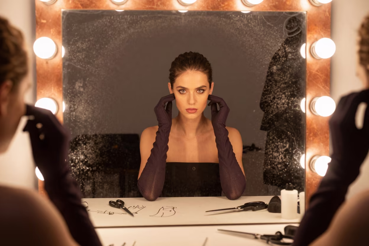 Model Adjusts Gloves Under Warm Mirror Bulbs in at a tailoring table strewn with chalk and shears in Lincoln Park, Chicago