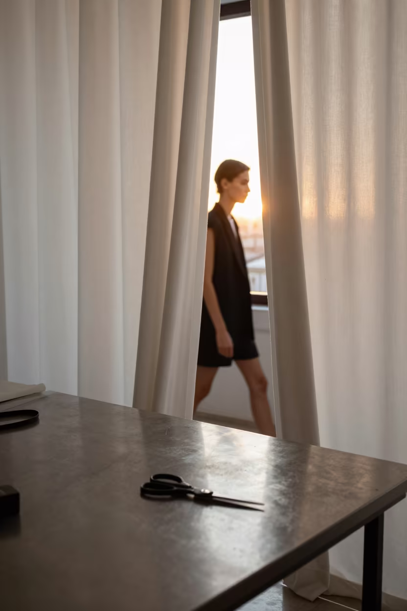 Model Steps Through Curtain in Aksaray Tailor Shop in at a tailoring table strewn with chalk and shears in Aksaray