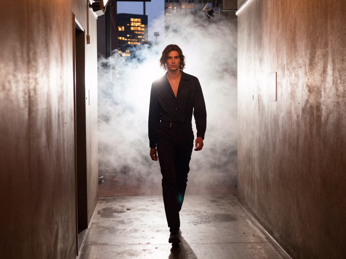 Model Backstage Sydney Winter Dusk in in a backstage changing corridor near Sydney