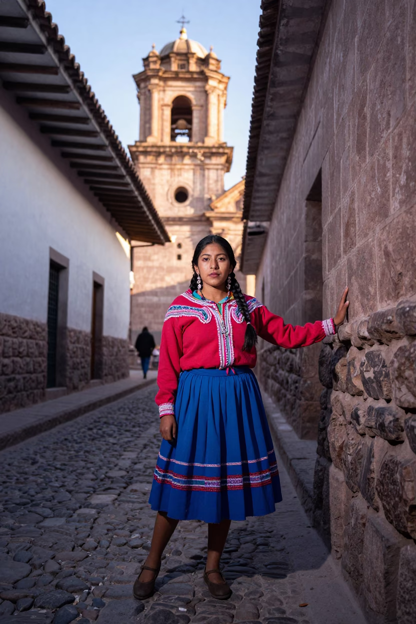 Model in Cusco at As First Light Reaches The Scene in in Cusco, Peru