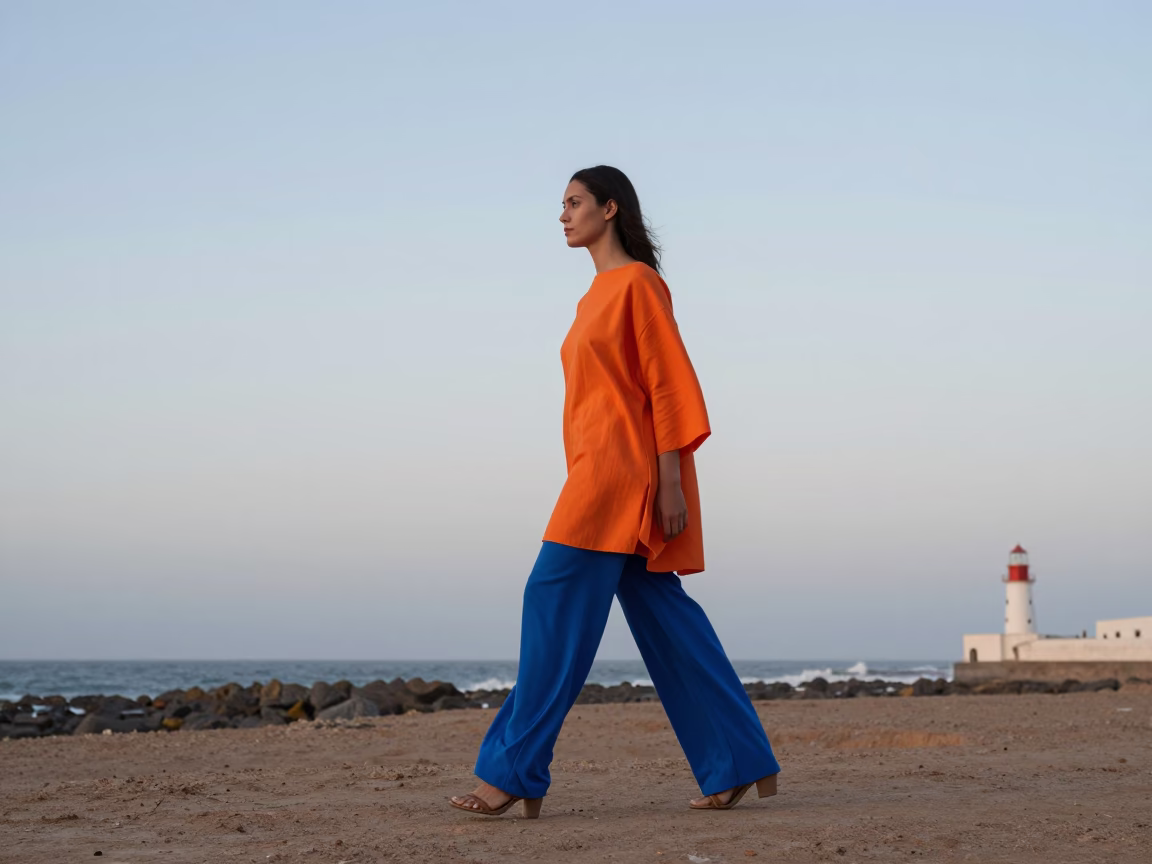 Model in Essaouira at Nautical Dawn Light in in Essaouira, Morocco