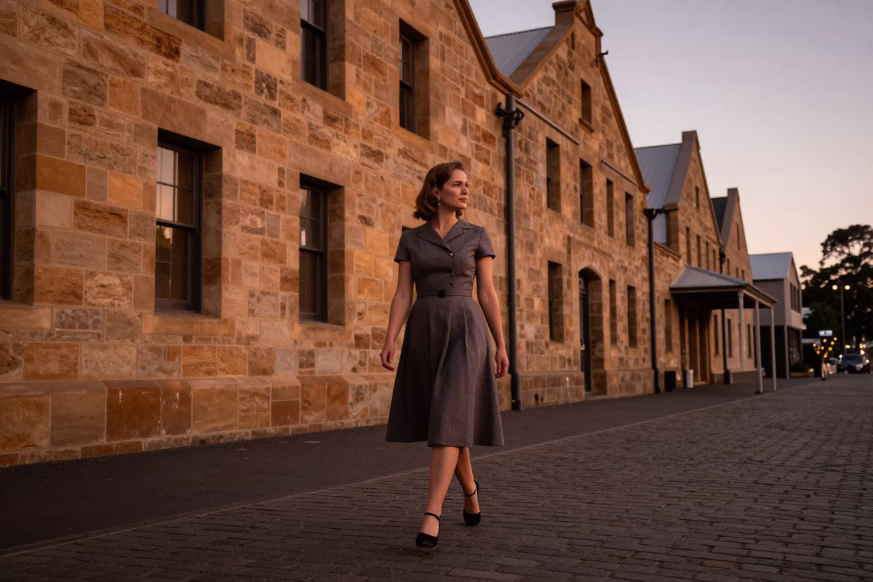 Model in Hobart at Copper-toned Light Before Dusk in in Hobart, Tasmania, Australia