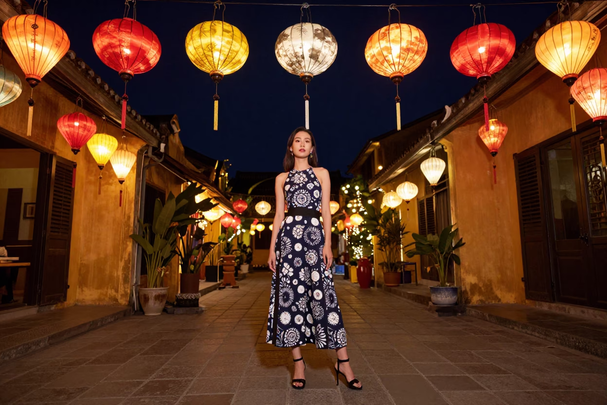 Model in Hoi An at The Deepest Night Sky Light in in Hoi An, Vietnam