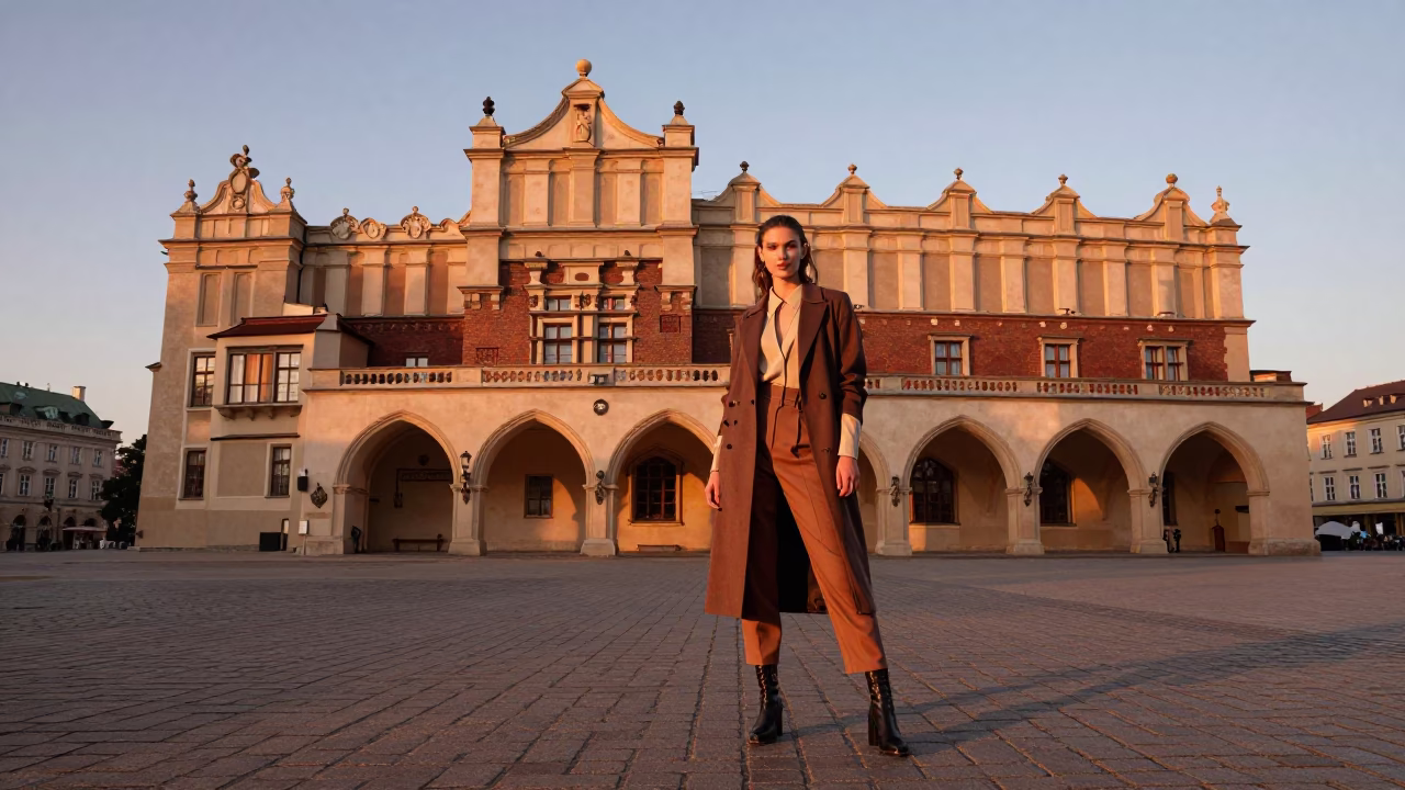 Model in Krakow at Copper-toned Light Before Dusk in in Krakow, Poland