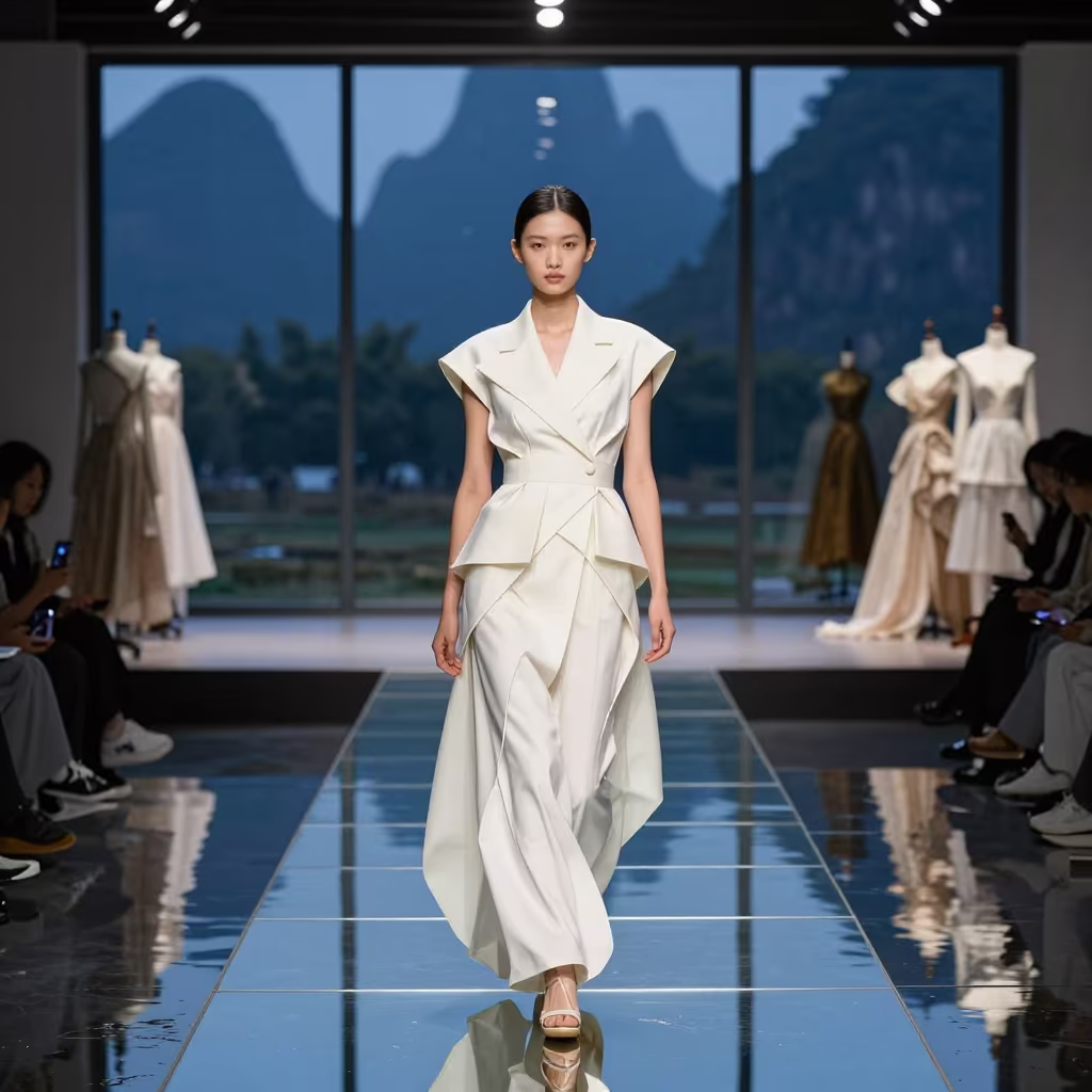 Model Steps on Mirrored Catwalk Above Water in inside a couture atelier in Yangshuo