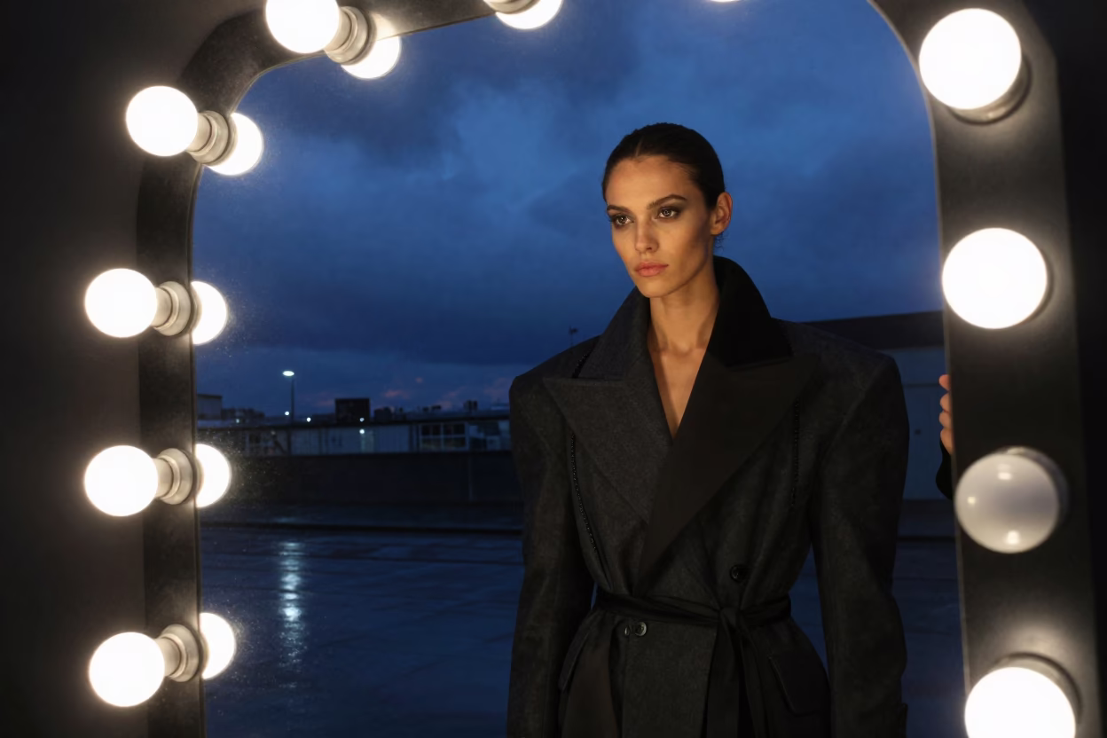 Model in Outerwear Under Fluorescent Twilight Light in beside a mirror lined with makeup bulbs in Nampo