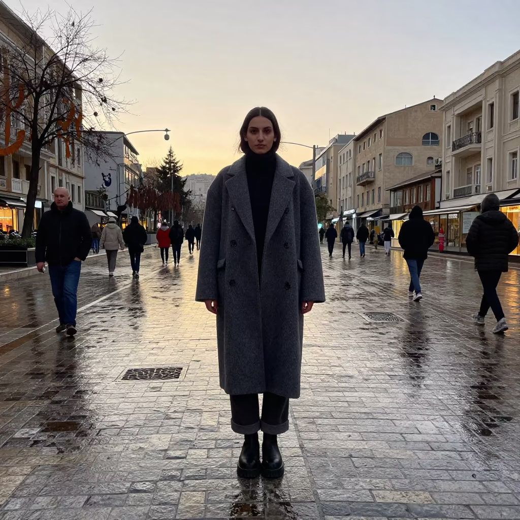 Model in Oversized Wool on Wet Beirut Cobblestones in across a reflective public plaza in Beirut