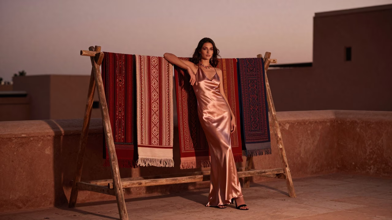Model Poses in Marrakech at Copper-toned Light Before Dusk in in Marrakech, Morocco