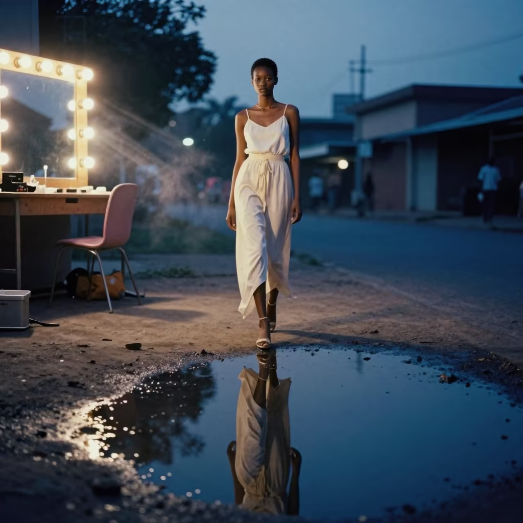Model Reflected in Puddle Benin City Runway in beside a mirror lined with makeup bulbs in Benin City