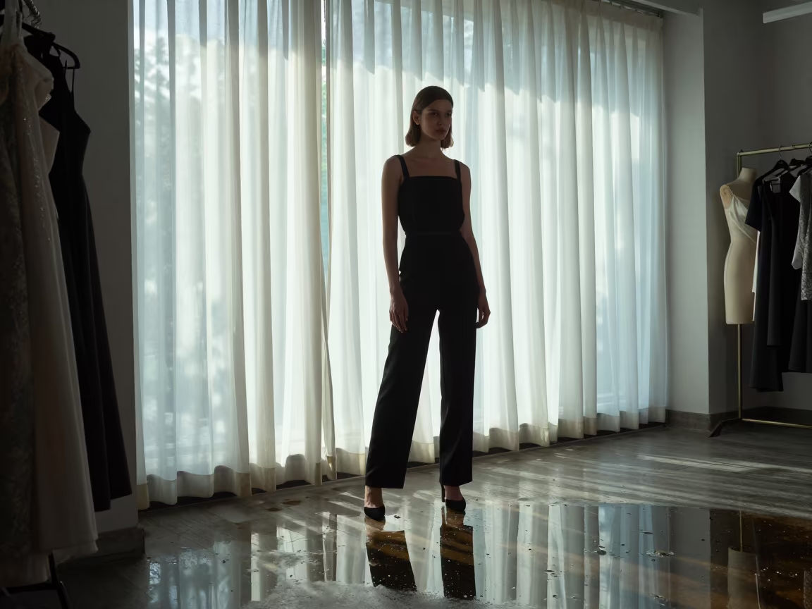 Model Reflected in Puddle at El Tigre Atelier in inside a couture atelier in El Tigre