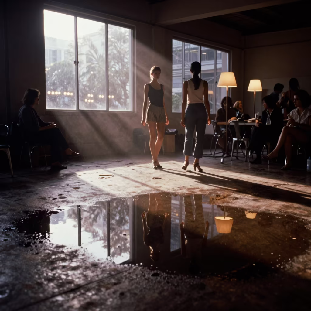 Model Reflection in Puddle After Rehearsal in under runway rehearsal lights near Krabi