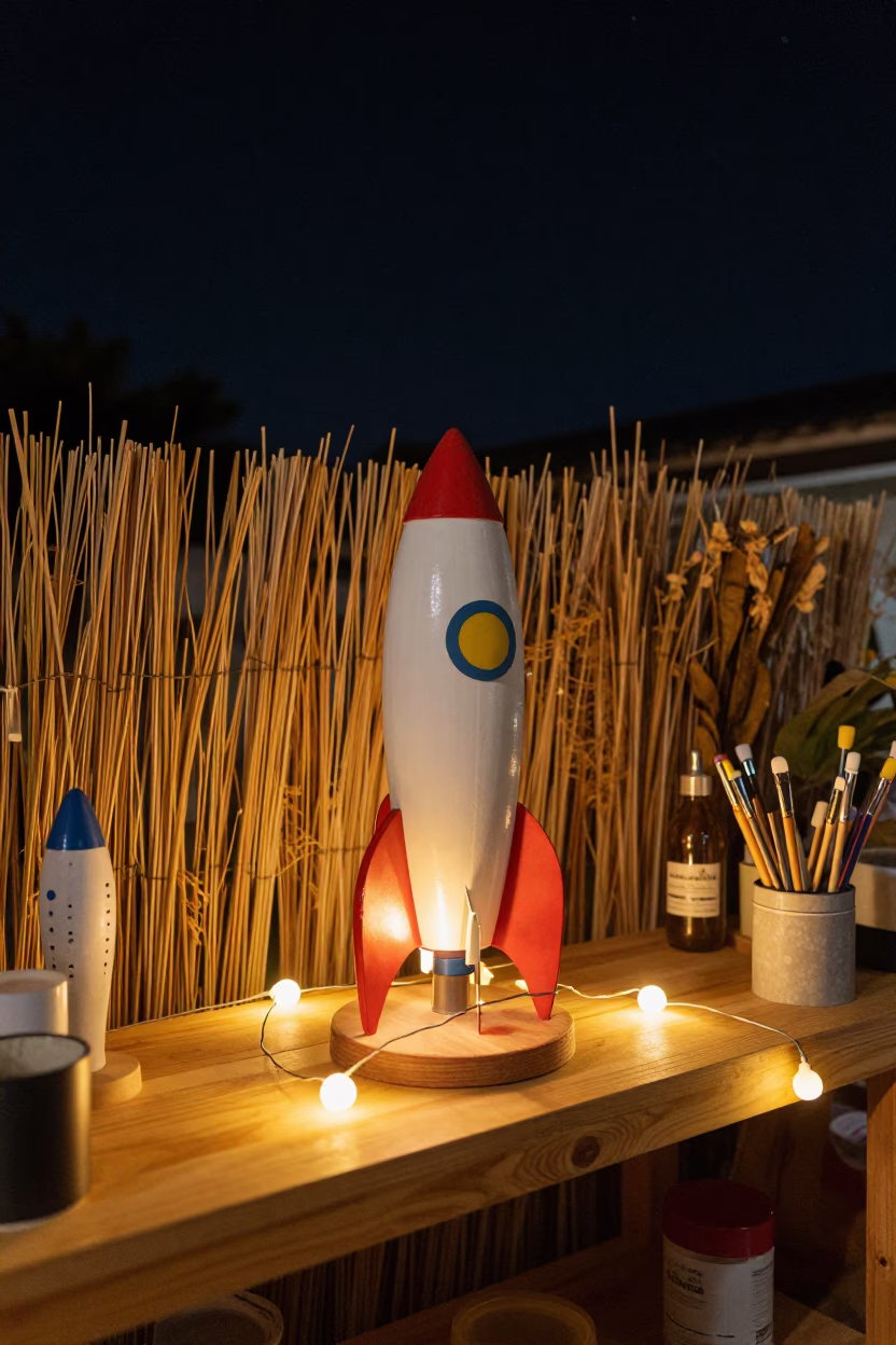 Model Rocket Launchpad Under Stars on Shelf in on a workshop shelf near Chang Moi, Chiang Mai